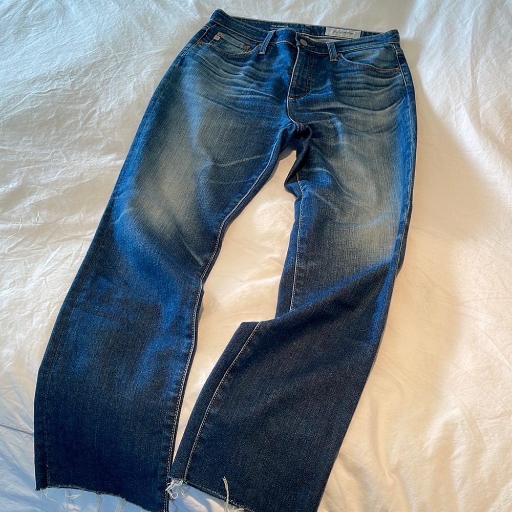 AG high-rise straight crop with frayed bottoms